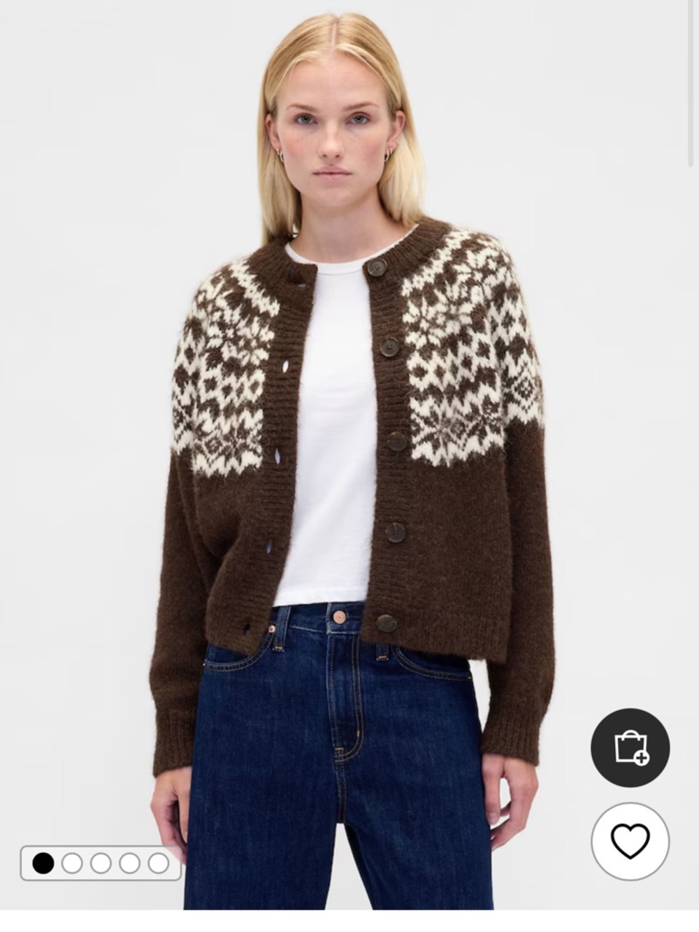 Gap Brown Fuzzy Fair Isle Cardigan Sweater Small Tall Chocolate Brown